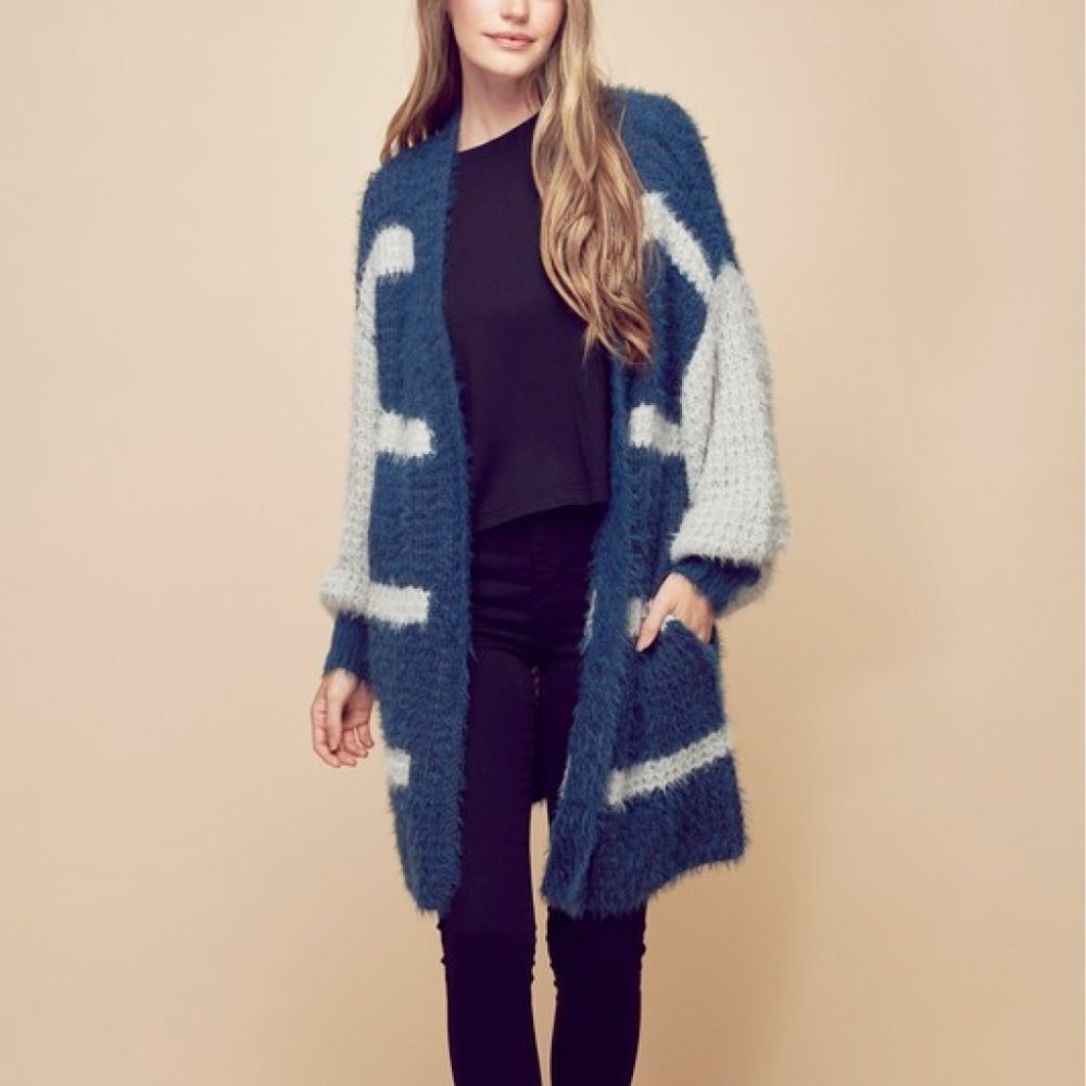 Petal Dew Striped Balloon Sleeve Open Front Fluffy Cardigan